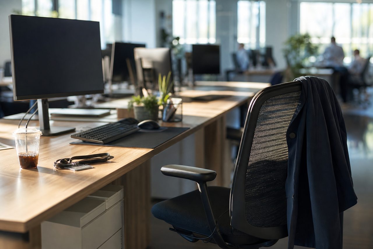 Poste de travail inoccupé dans un open space lumineux, chaise vide, écran éteint et veste oubliée sur le dossier