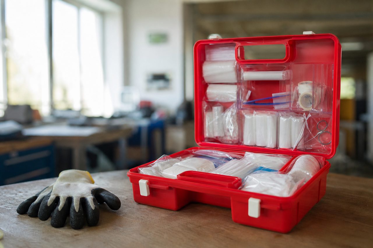 Trousse de premiers secours ouverte sur un lieu de travail, ambiance professionnelle et rassurante