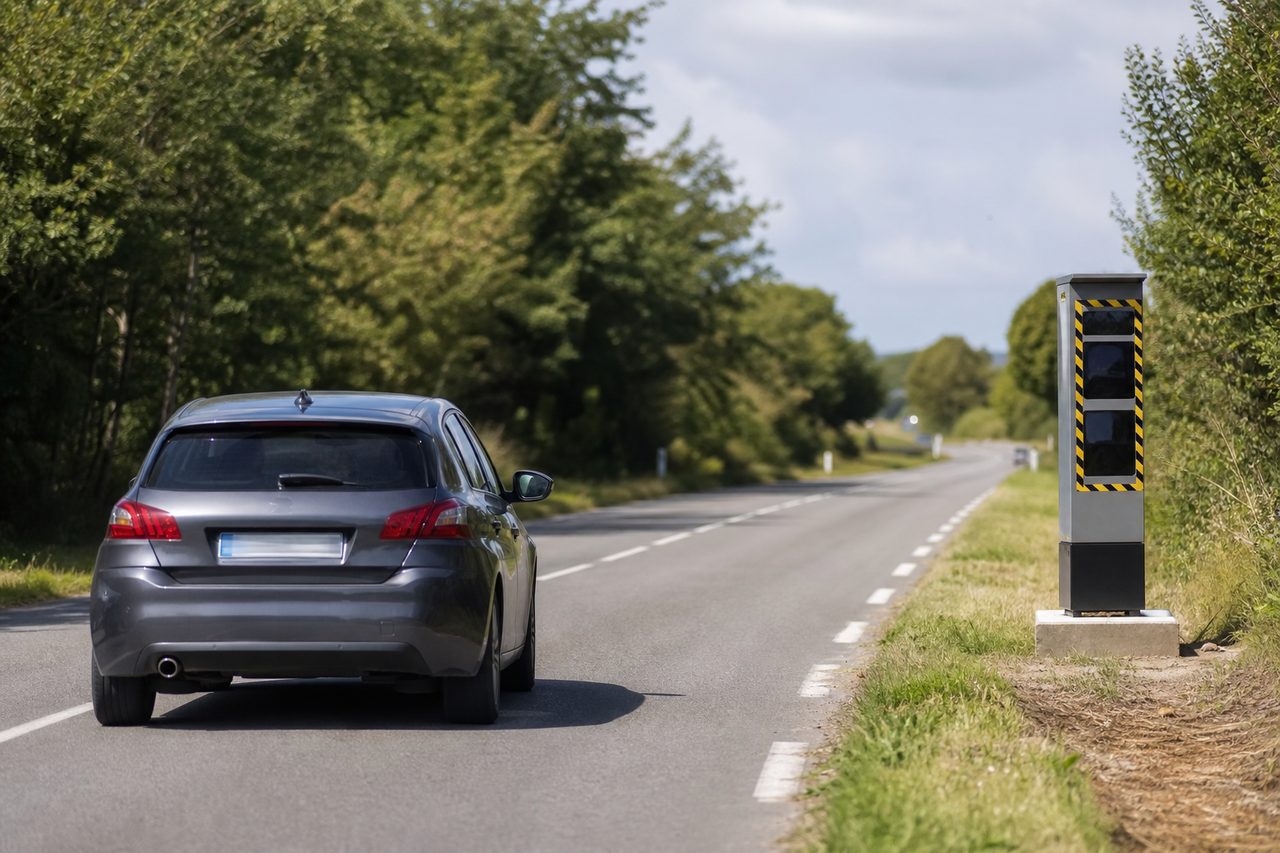 Voiture roulant sur une route de campagne dépassant un radar automatique fixe en bord de route