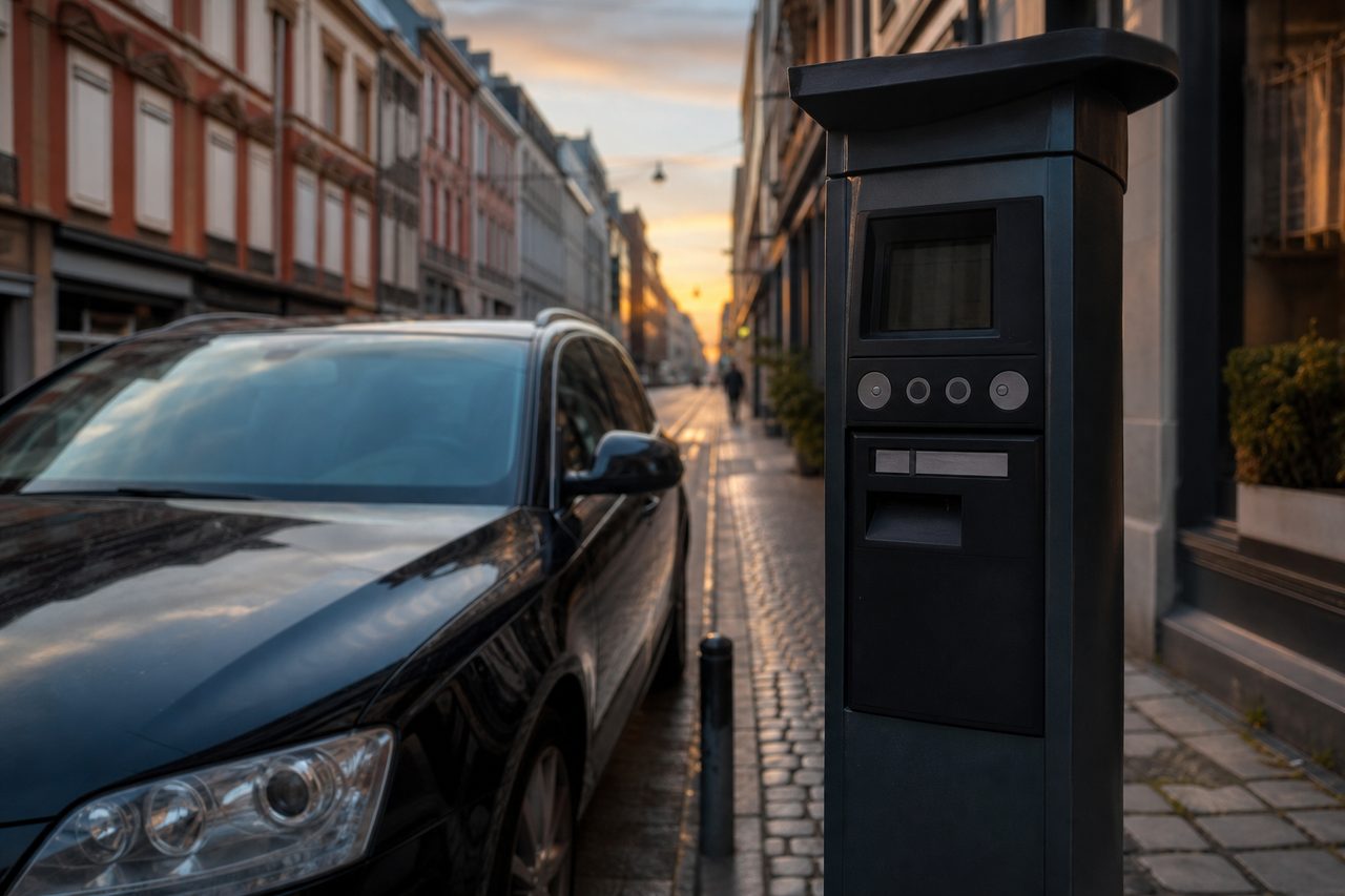 Horodateur de stationnement au premier plan dans une rue pavée avec une voiture garée, ambiance urbaine en fin de journée