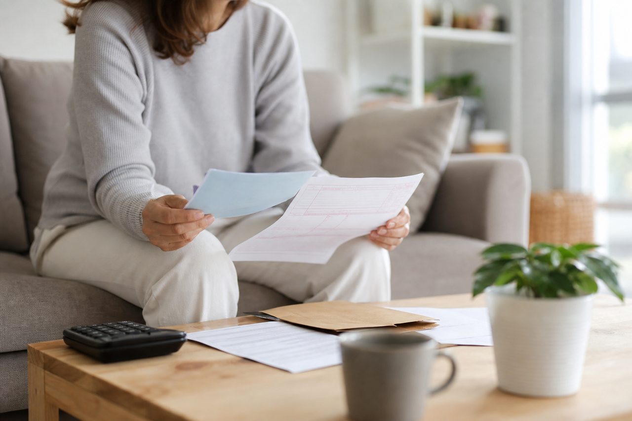 Personne en arrêt de travail consultant ses documents médicaux et sa feuille de soin à la maison