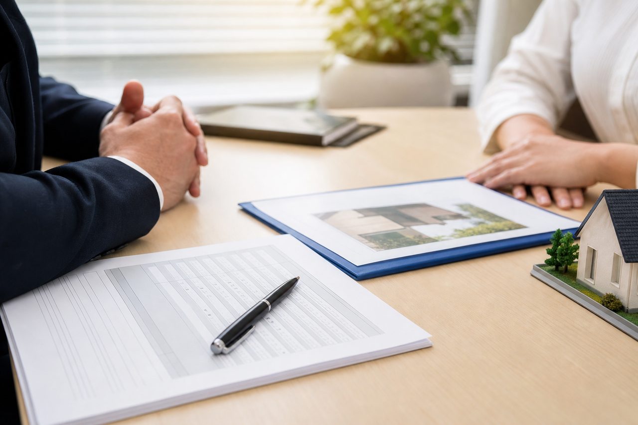 Questionnaire de santé et offre de prêt immobilier posés sur un bureau à côté d'un stylo, ambiance bureau moderne