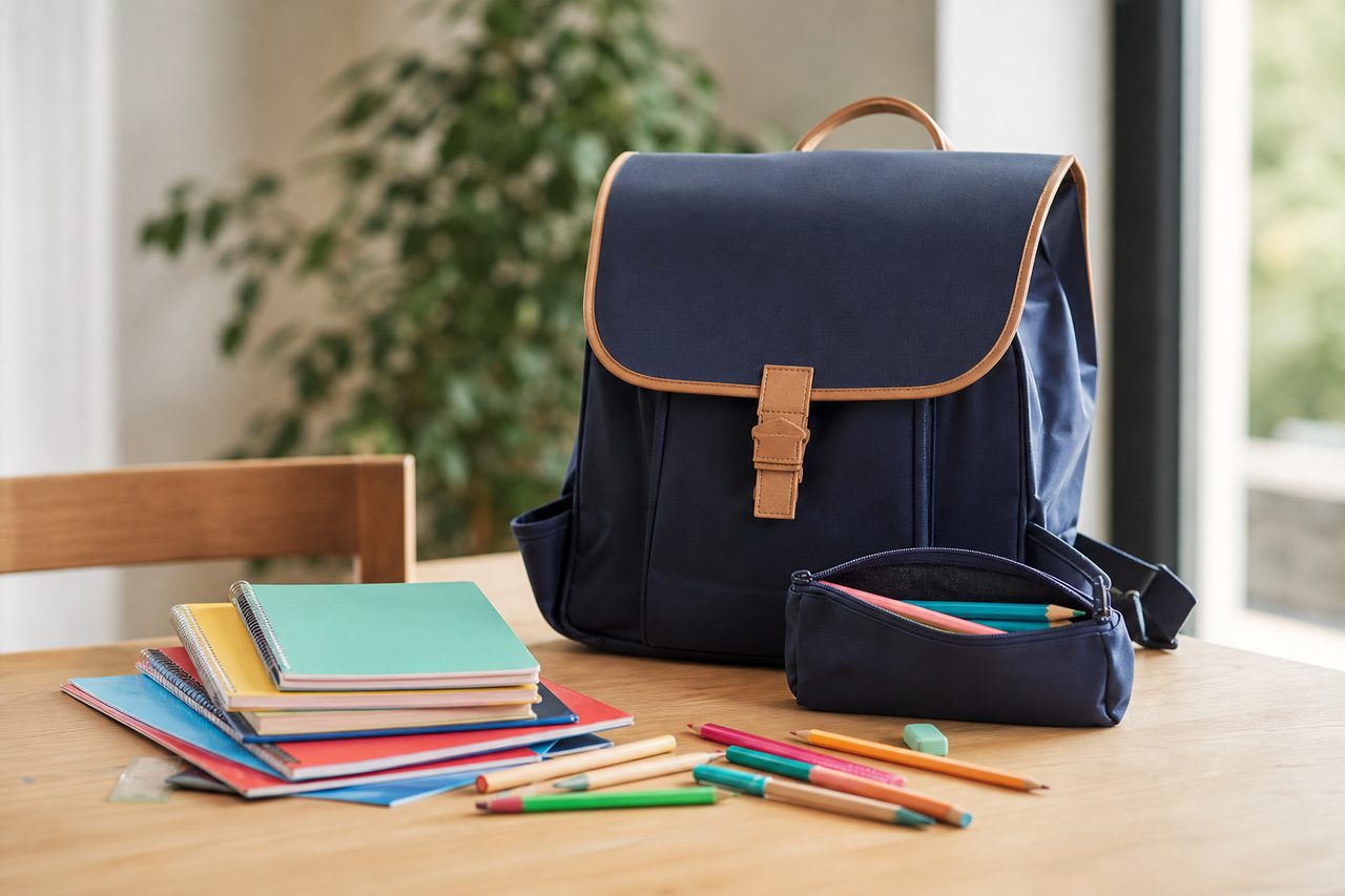Cartable d'écolier et fournitures scolaires posés sur une table en bois avant la rentrée