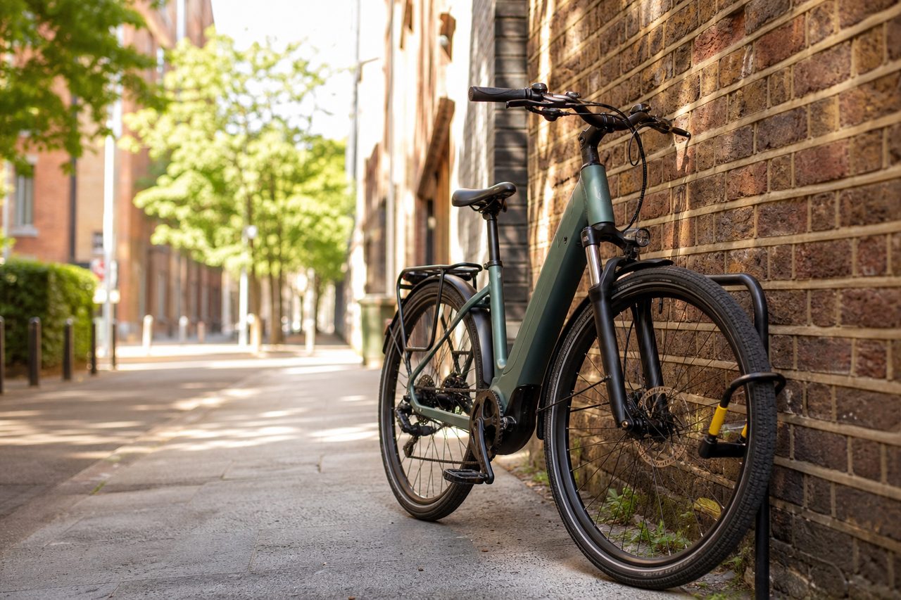 Vélo à assistance électrique garé contre un mur en briques dans une rue urbaine ensoleillée