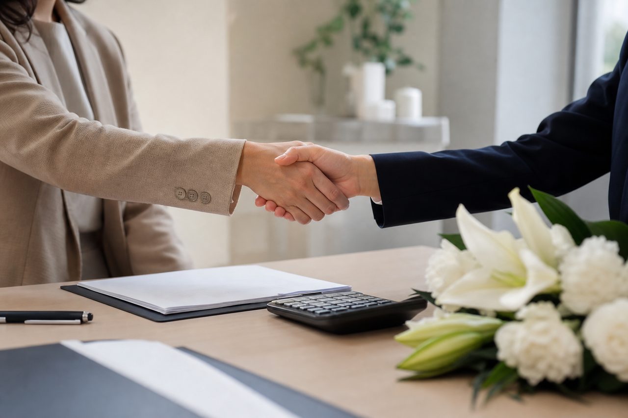 Mains posant délicatement un bouquet de fleurs blanches à côté de documents et d'un stylo sur une table en bois
