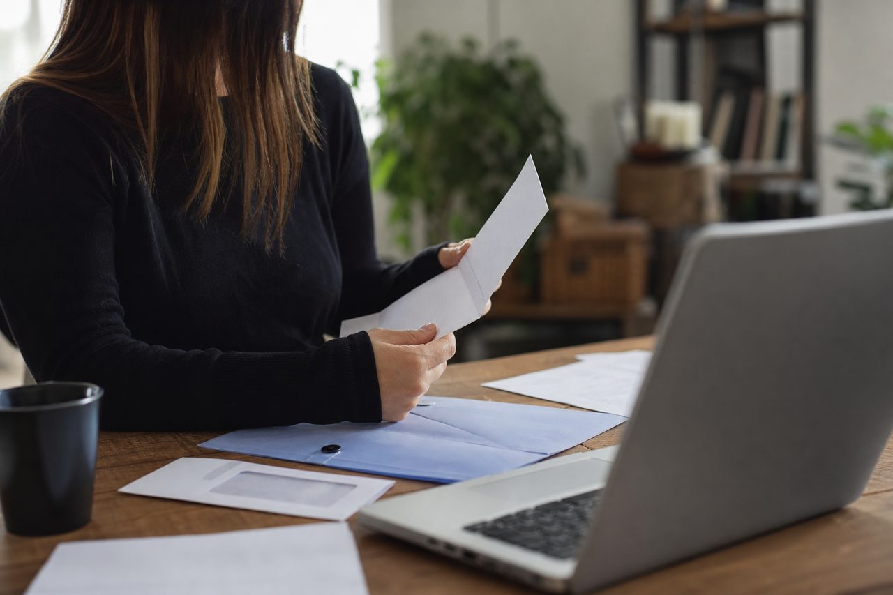 Personne consultant des documents administratifs et une lettre à son bureau à domicile