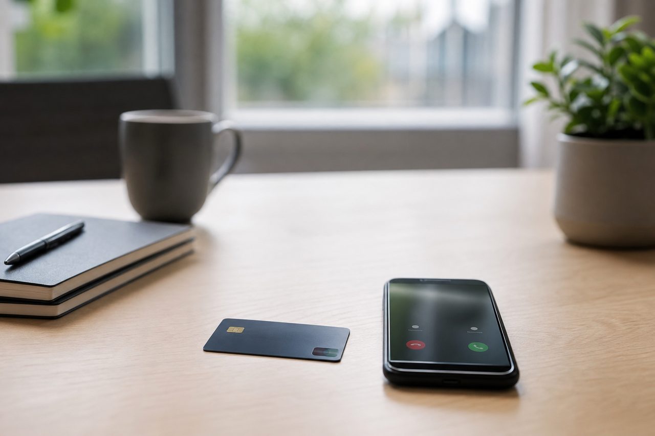 Carte bancaire posée à côté d'un téléphone affichant un appel en cours, sur une table en bois
