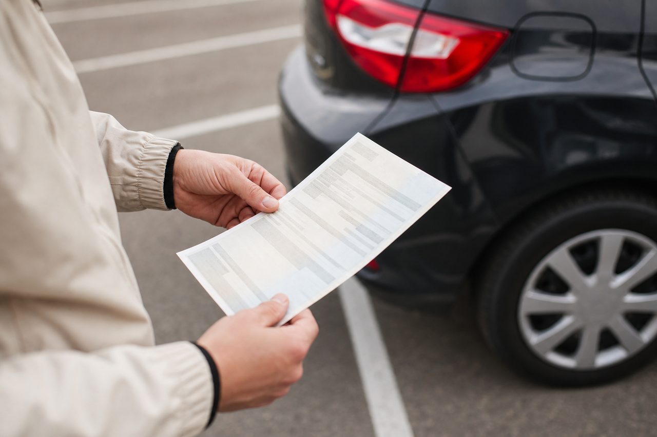Automobiliste tenant une carte grise française à côté de son véhicule sur un parking, lumière du jour