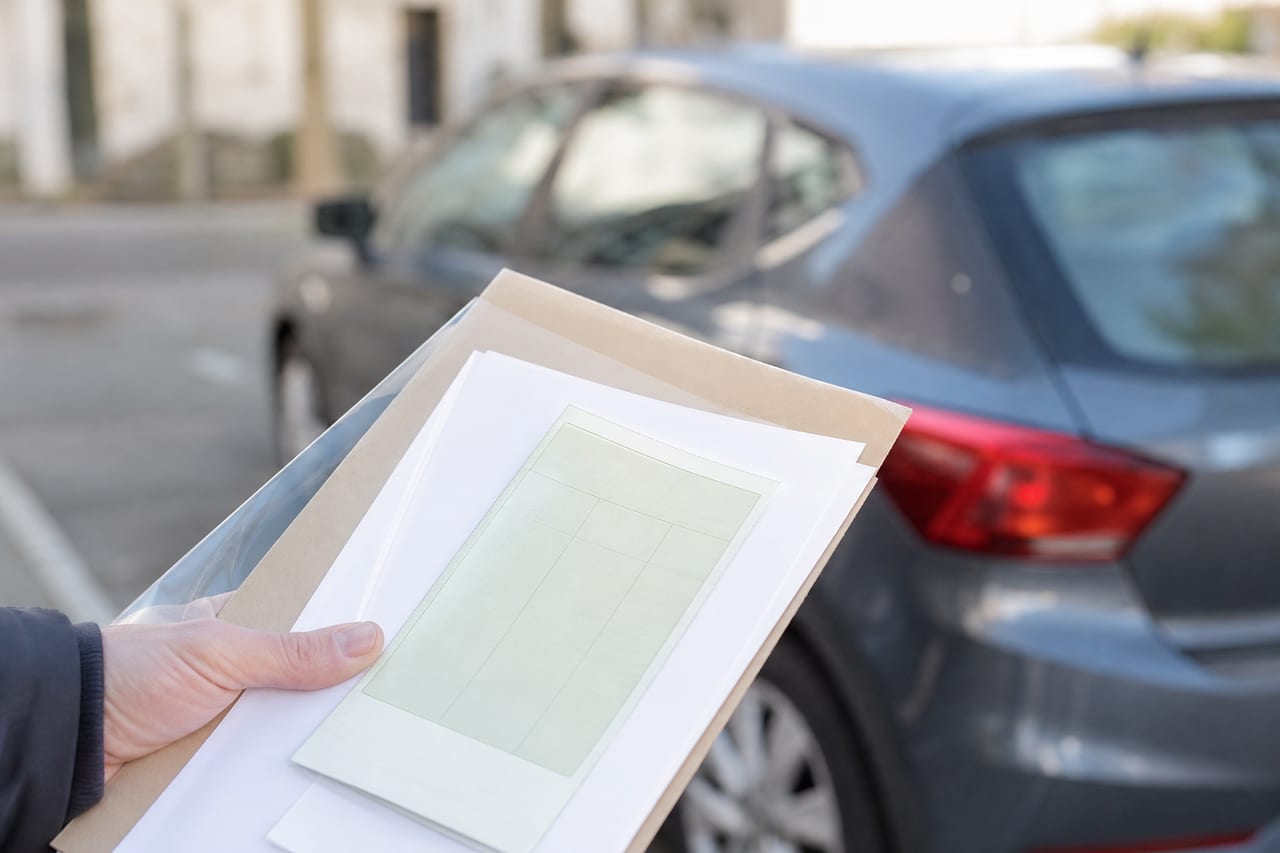 Main tenant un dossier de documents administratifs devant une voiture d'occasion garée dans la rue