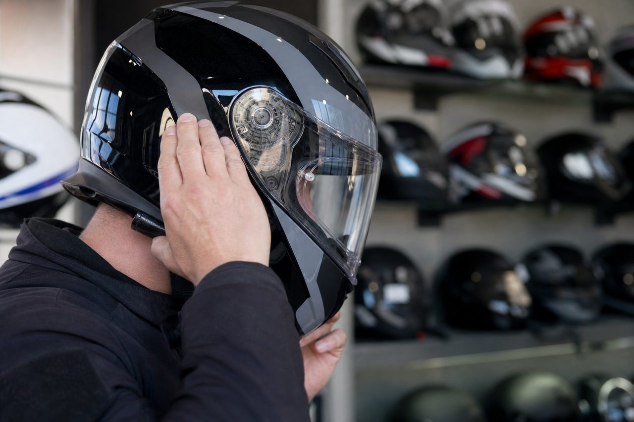 Motard essayant un casque intégral noir dans une boutique d'équipement moto, casques alignés en arrière-plan