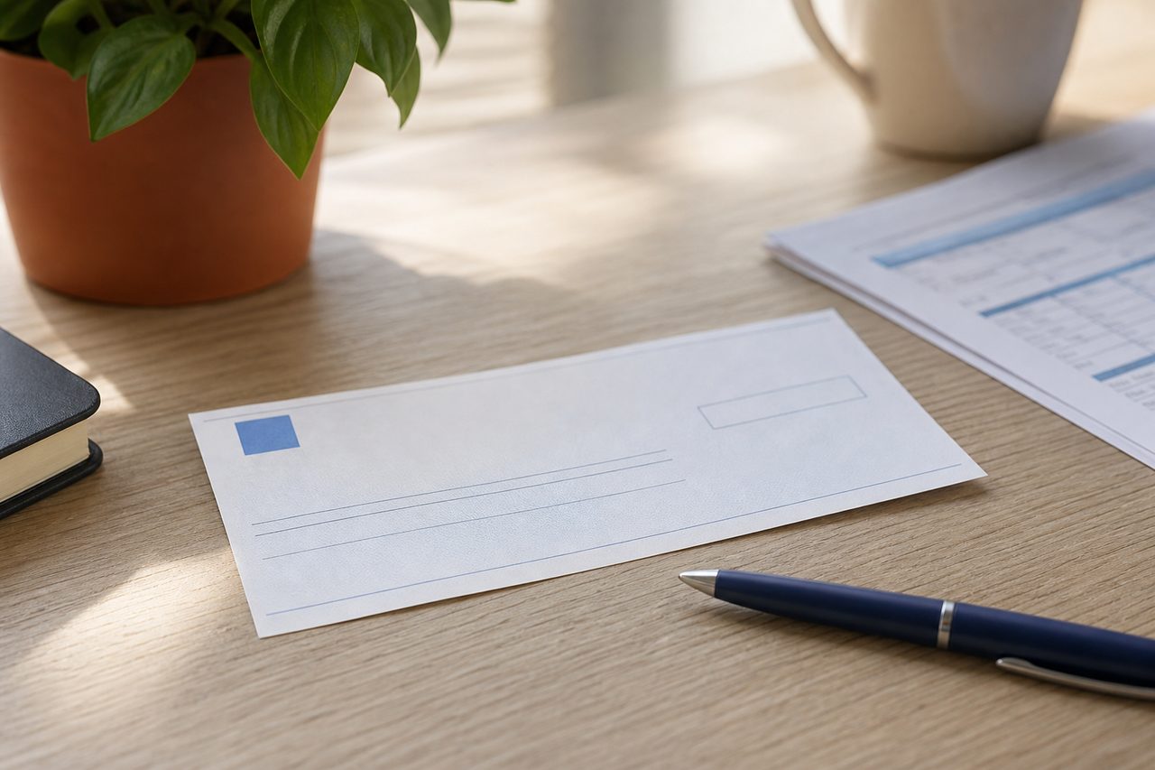 Chèque bancaire français posé sur un bureau à côté d'un stylo et d'un relevé de compte