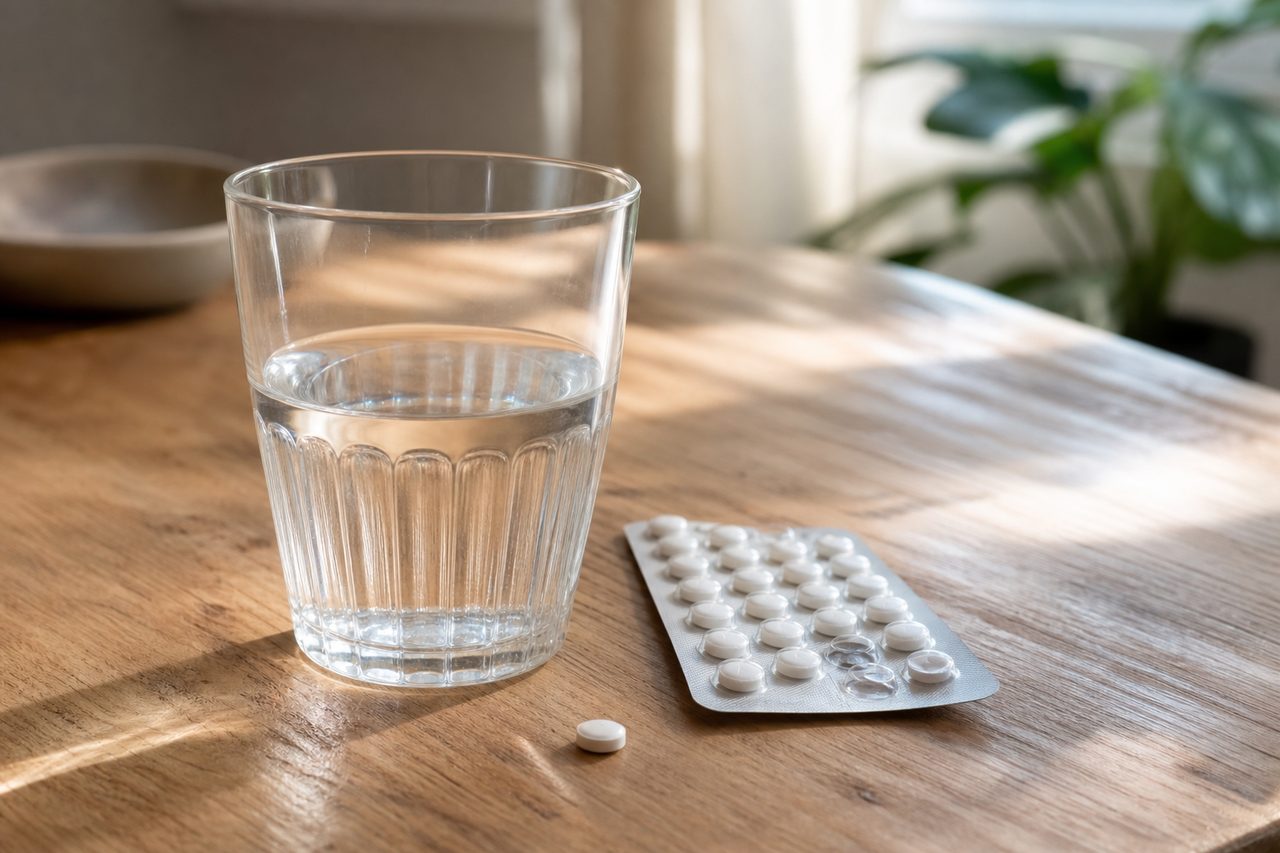 Boîte de médicaments et verre d'eau sur une table, ambiance intérieure sobre et lumineuse