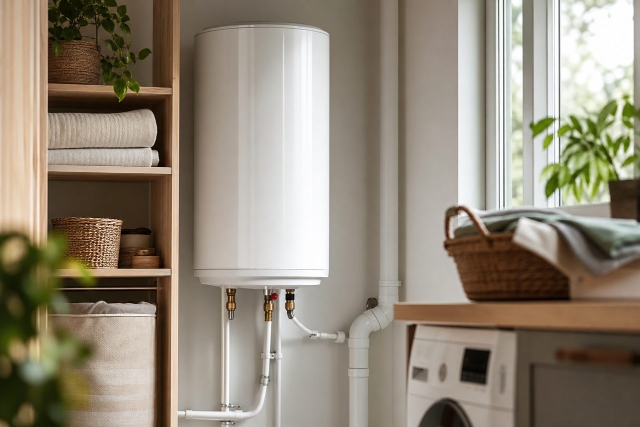 Chauffe-eau électrique blanc installé dans un cellier lumineux avec tuyauterie visible