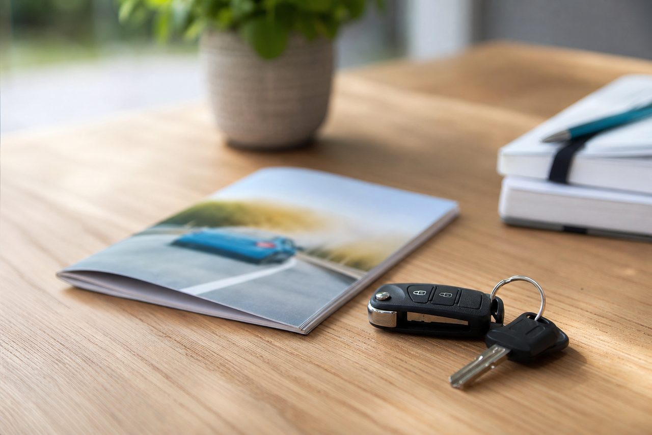 Livret de code de la route et clés de voiture posés sur une table, ambiance étude lumineuse