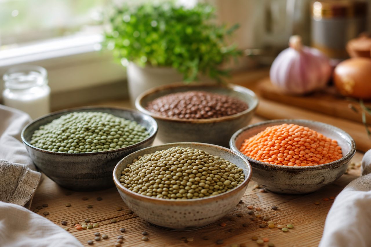 Lentilles vertes et corail sèches présentées dans des bols en céramique sur une table en bois