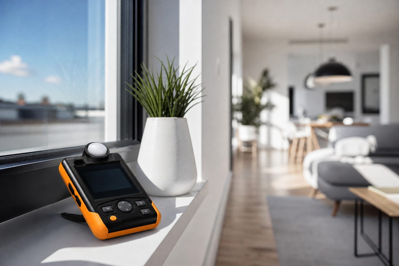 Diagnostiqueur immobilier examinant un logement lumineux avec tablette, ambiance professionnelle