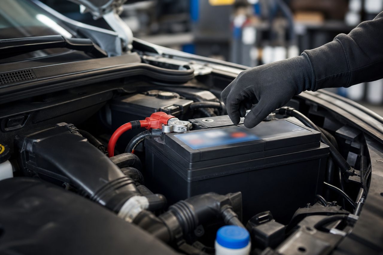 Batterie de voiture visible sous le capot ouvert d'un véhicule, cosses et câbles apparents