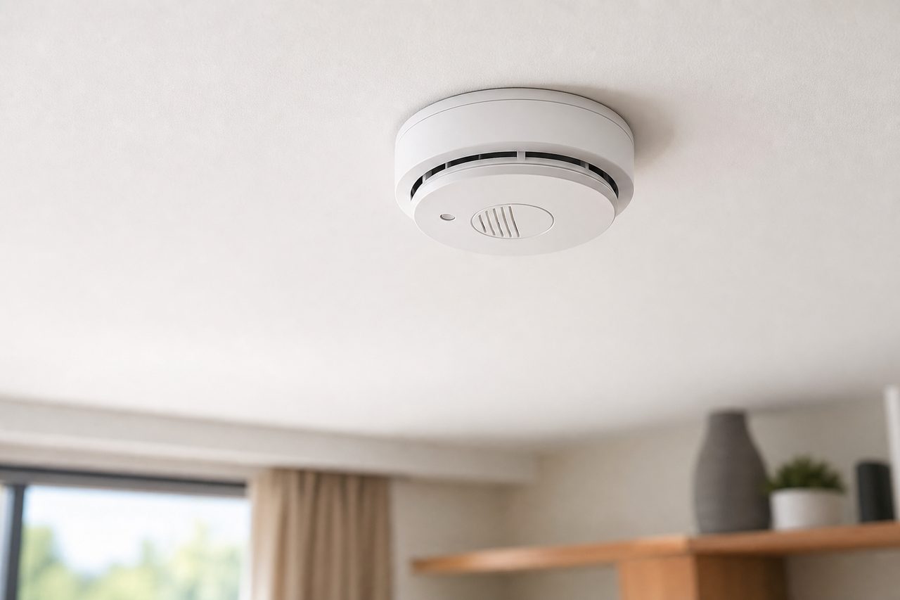 Détecteur de fumée blanc installé au plafond d'une pièce lumineuse, gros plan discret