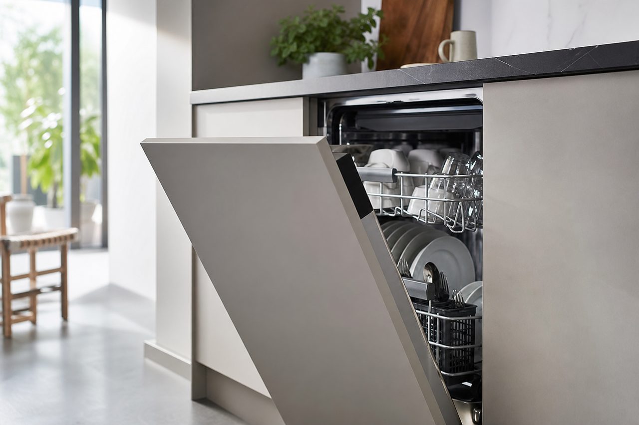 Lave-vaisselle intégré ouvert dans une cuisine moderne avec vaisselle propre à l'intérieur