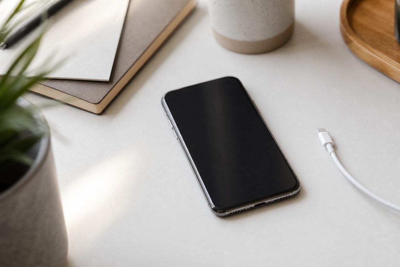 Smartphone moderne posé sur un bureau clair avec un chargeur à côté, ambiance travail lumineuse
