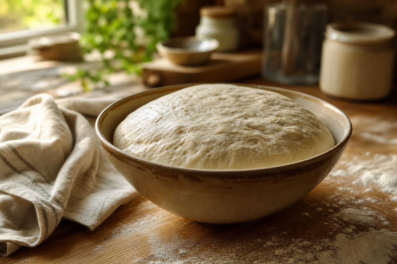 Pâte à pain levée dans un saladier avec un torchon en lin, plan de travail en bois enfariné