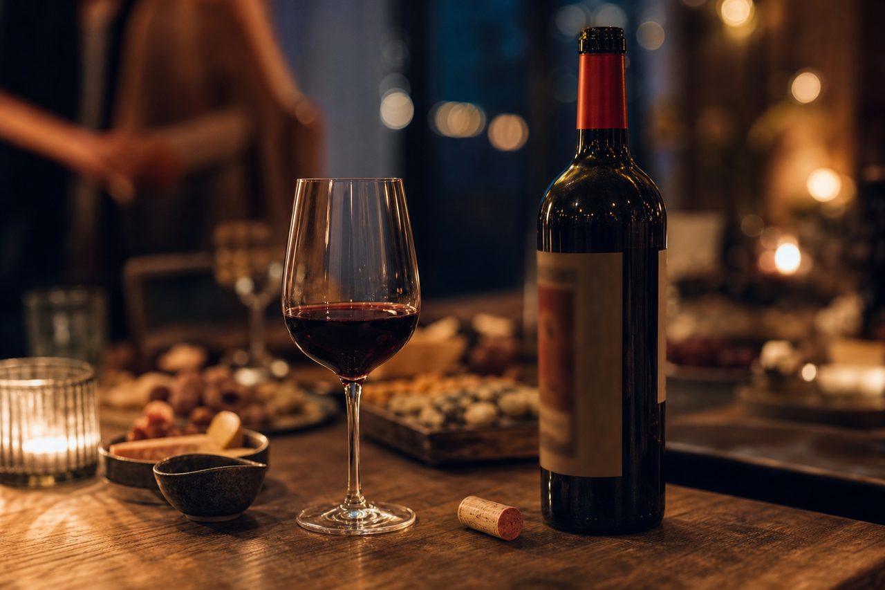Bouteille de vin rouge entamée avec un verre à moitié plein sur une table en bois, lumière tamisée
