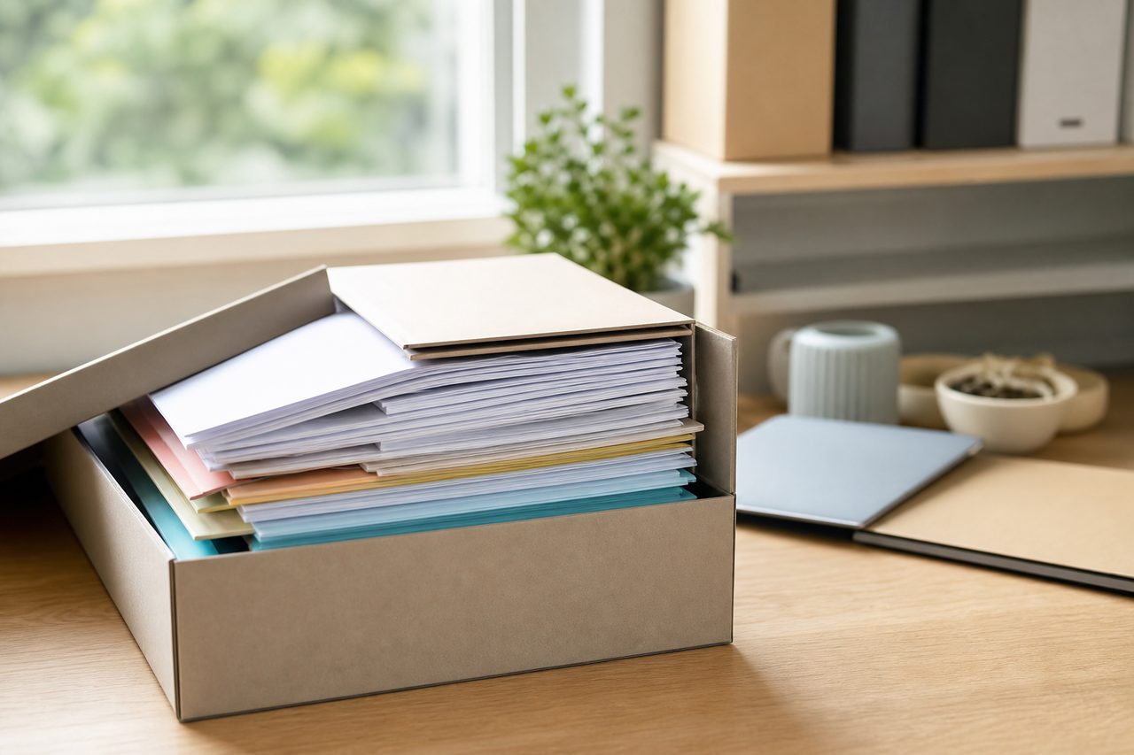 Pile de fiches de paie et documents administratifs rangés dans une boîte d'archive en carton sur un bureau en bois