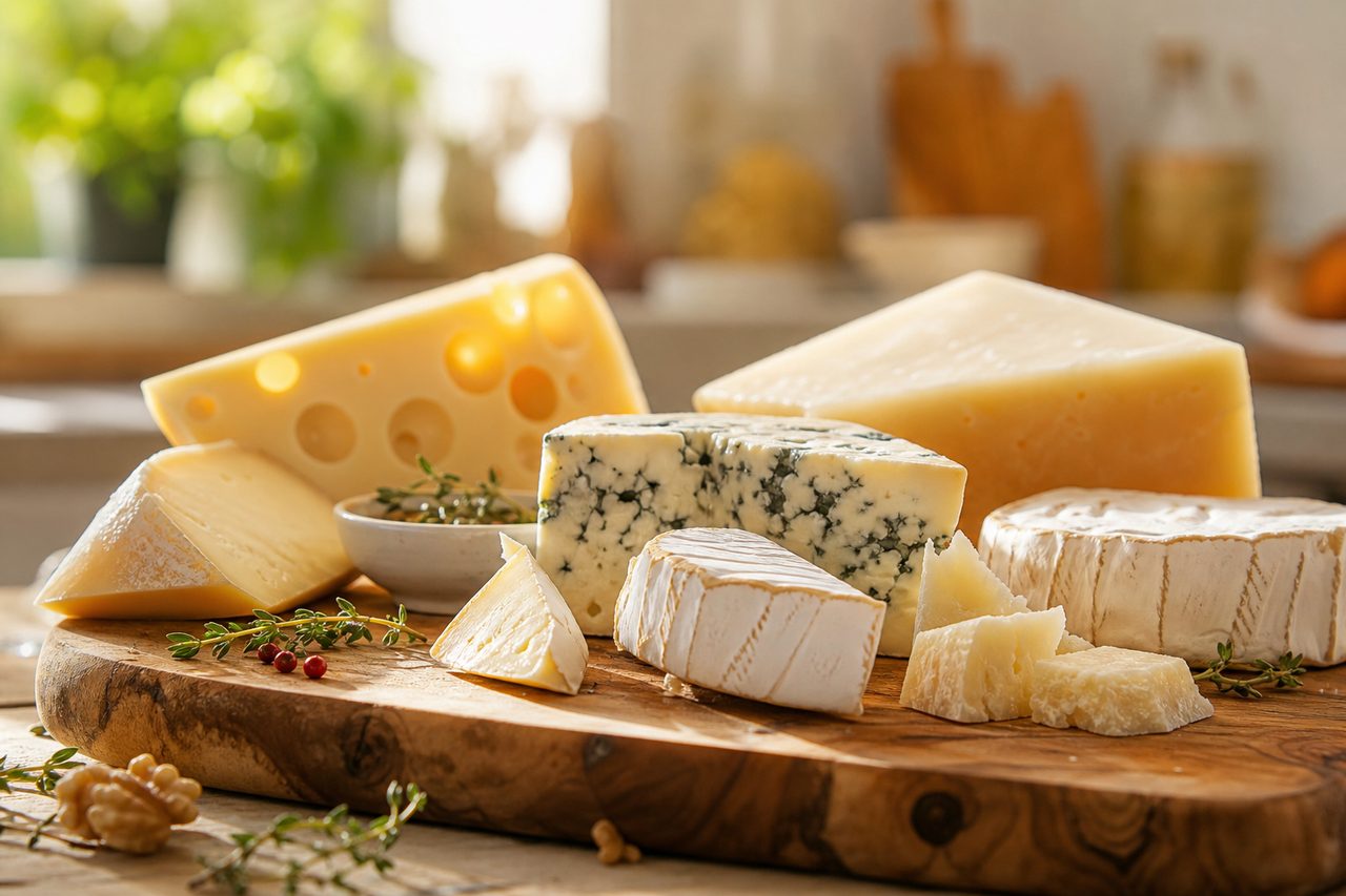 Plateau de fromages variés sur une planche en bois, ambiance cuisine chaleureuse et lumineuse