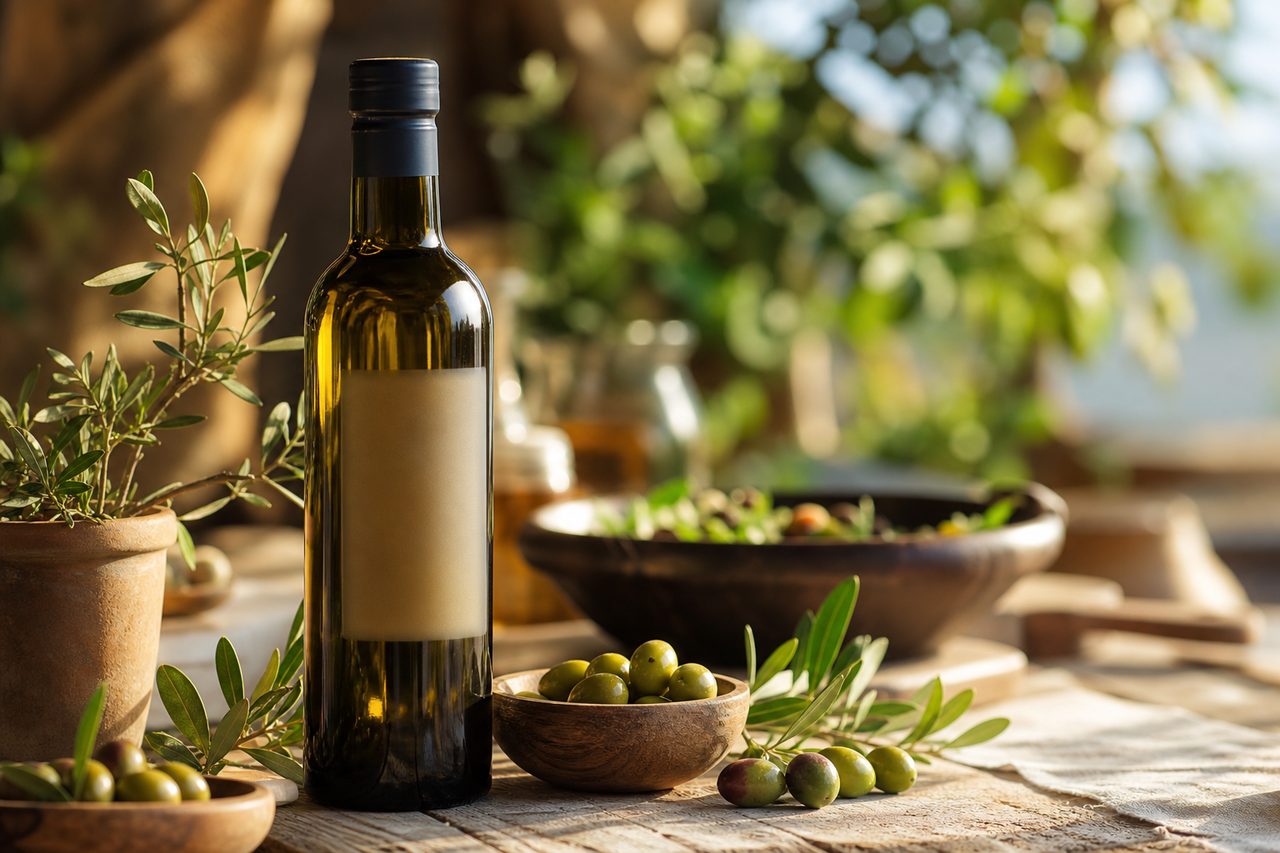 Bouteille d'huile d'olive en verre teinté posée sur une table en bois avec des olives à côté