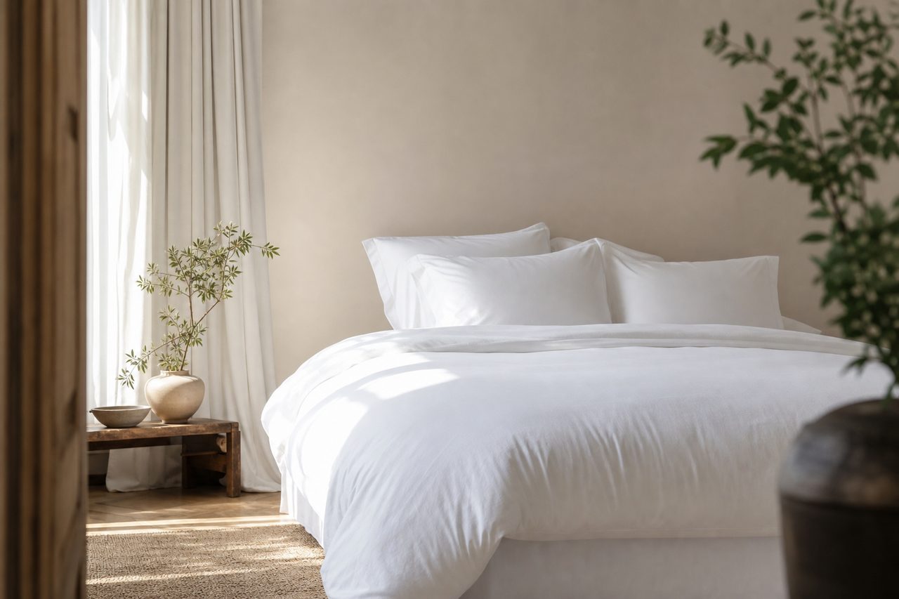 Chambre lumineuse avec un lit fait et un matelas visible, linge de lit blanc, ambiance sereine
