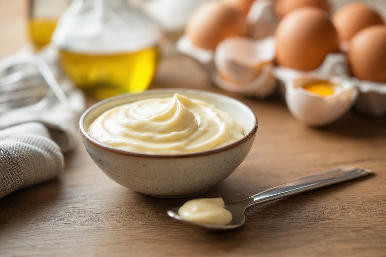 Pot de mayonnaise maison avec une cuillère posée à côté sur une table de cuisine