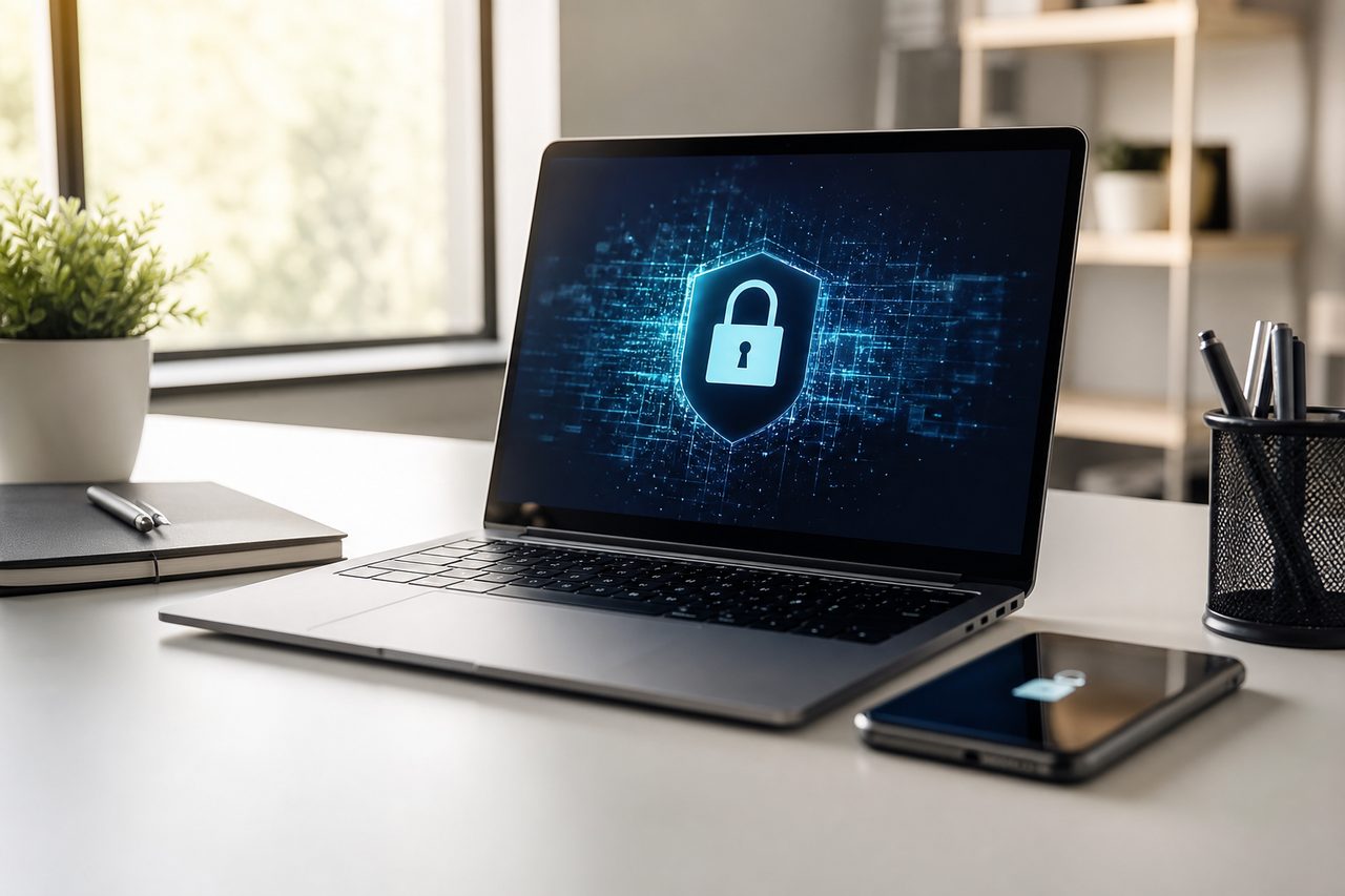 Écran d'ordinateur portable affichant un champ de connexion avec cadenas, bureau moderne épuré
