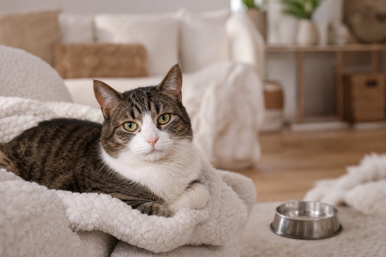 Chat allongé calmement sur un plaid dans une pièce lumineuse, gamelle vide posée à proximité
