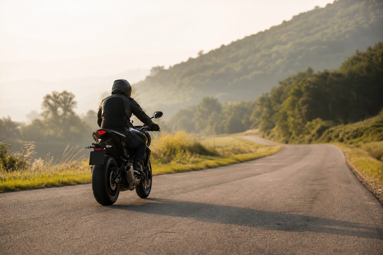 Motard roulant tranquillement sur une route de campagne au guidon d'une moto neuve, lumière du matin