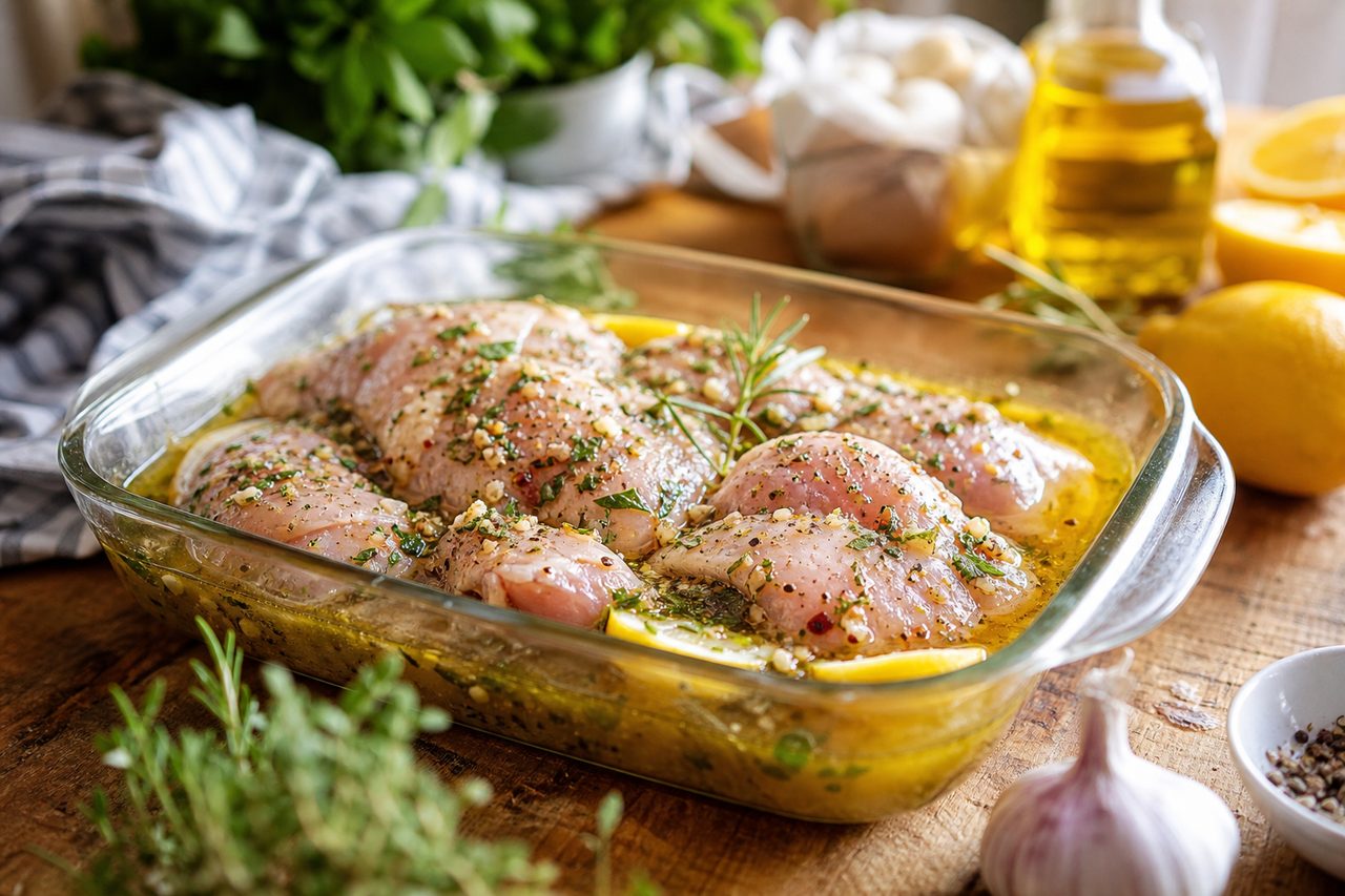 Morceaux de poulet cru marinant dans un plat en verre avec herbes, citron, ail et huile d'olive sur un plan de travail en bois