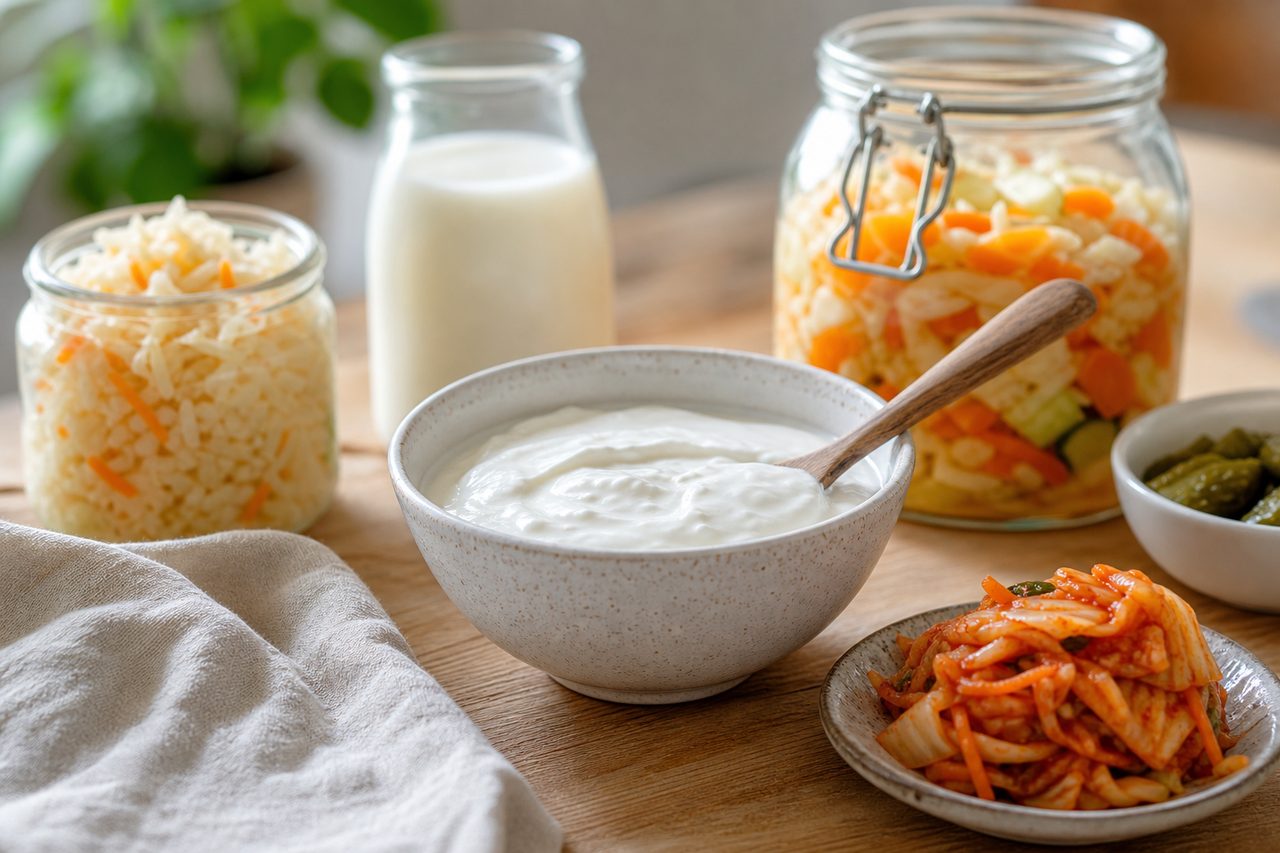 Yaourt et aliments fermentés (kéfir, légumes lactofermentés) disposés sur une table en bois, lumière naturelle