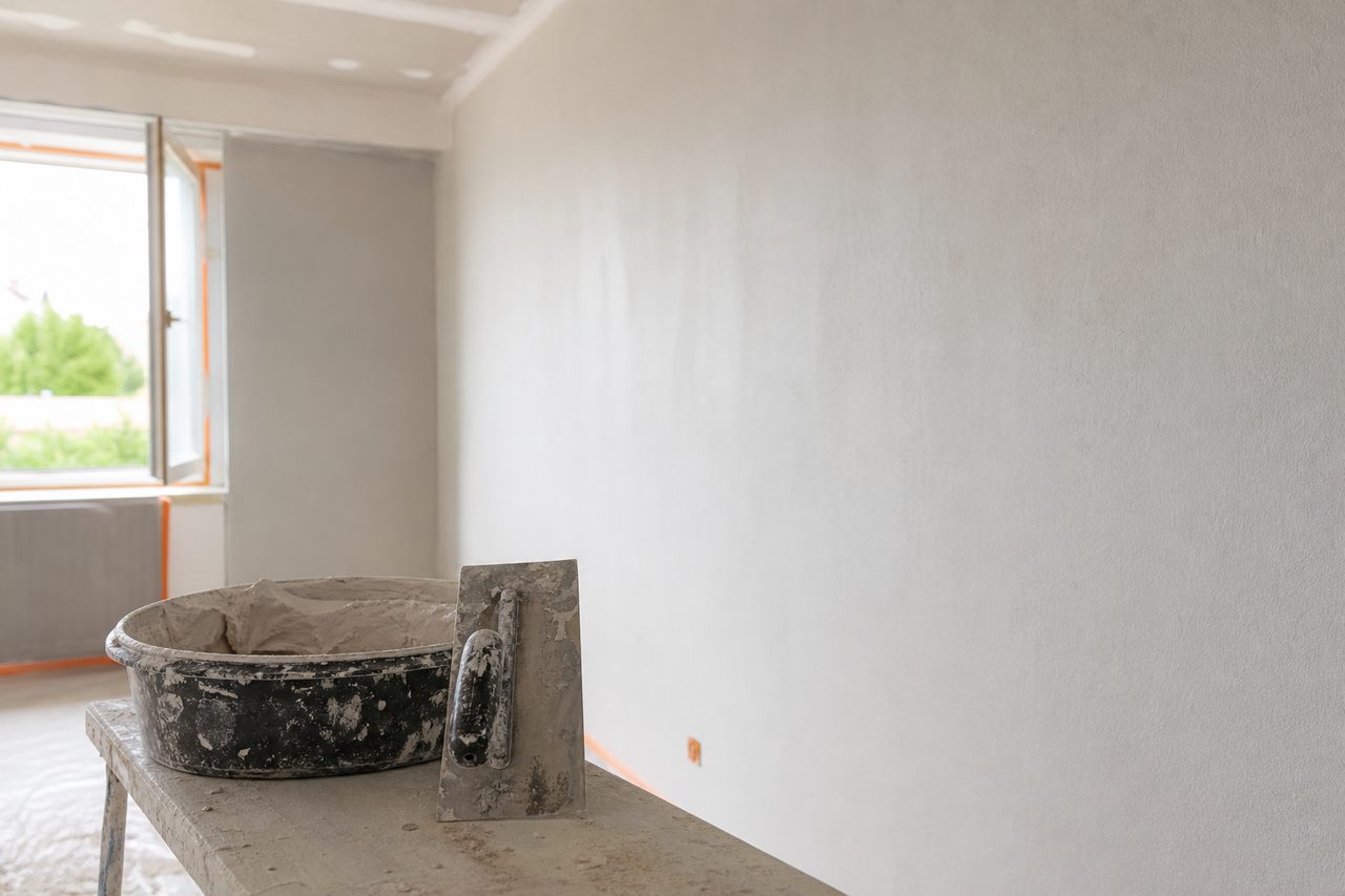 Mur fraîchement enduit avec truelle et enduit posés sur un établi, ambiance chantier lumineuse