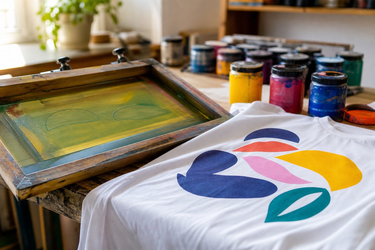 Écran de sérigraphie et t-shirt fraîchement imprimé posés sur une table d'atelier, encres colorées visibles