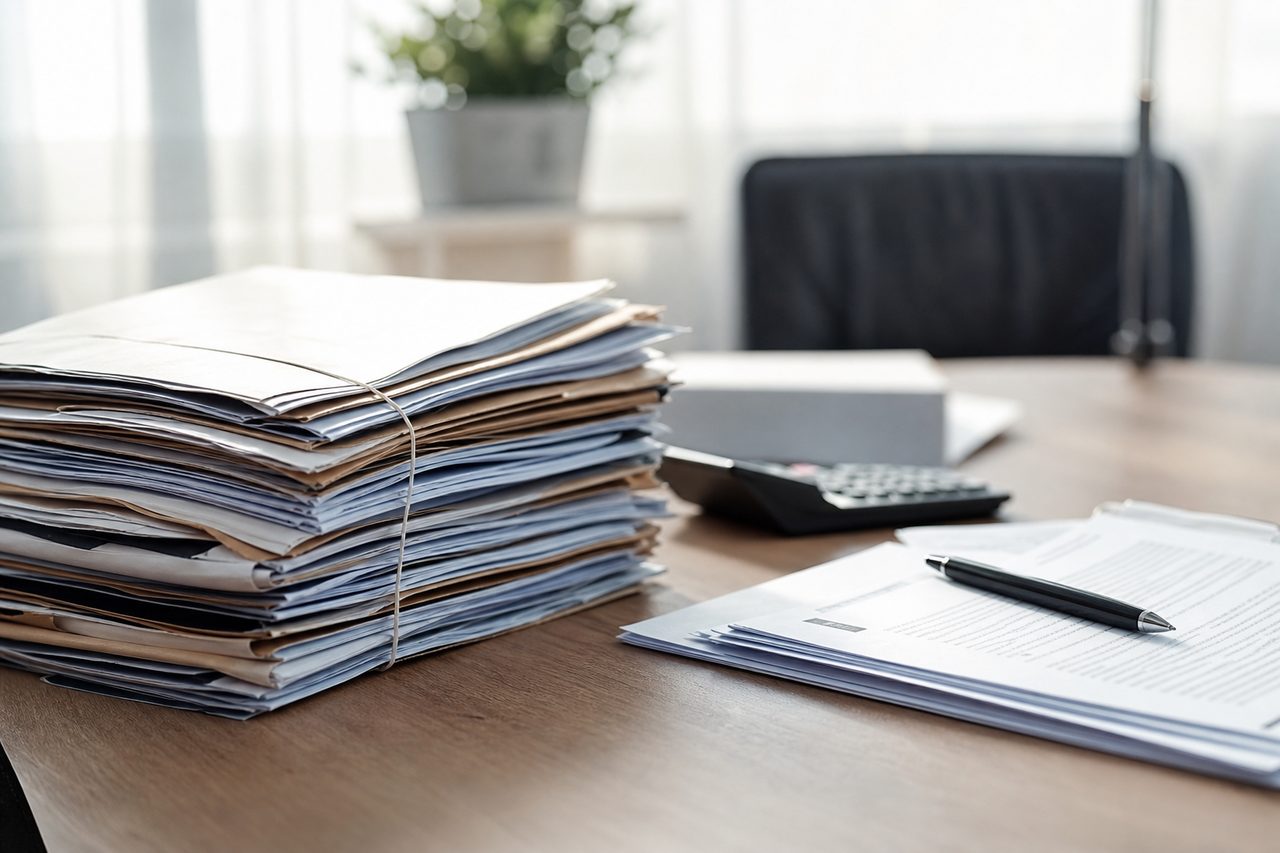 Dossier de documents administratifs et relevés bancaires posés sur un bureau, ambiance sobre