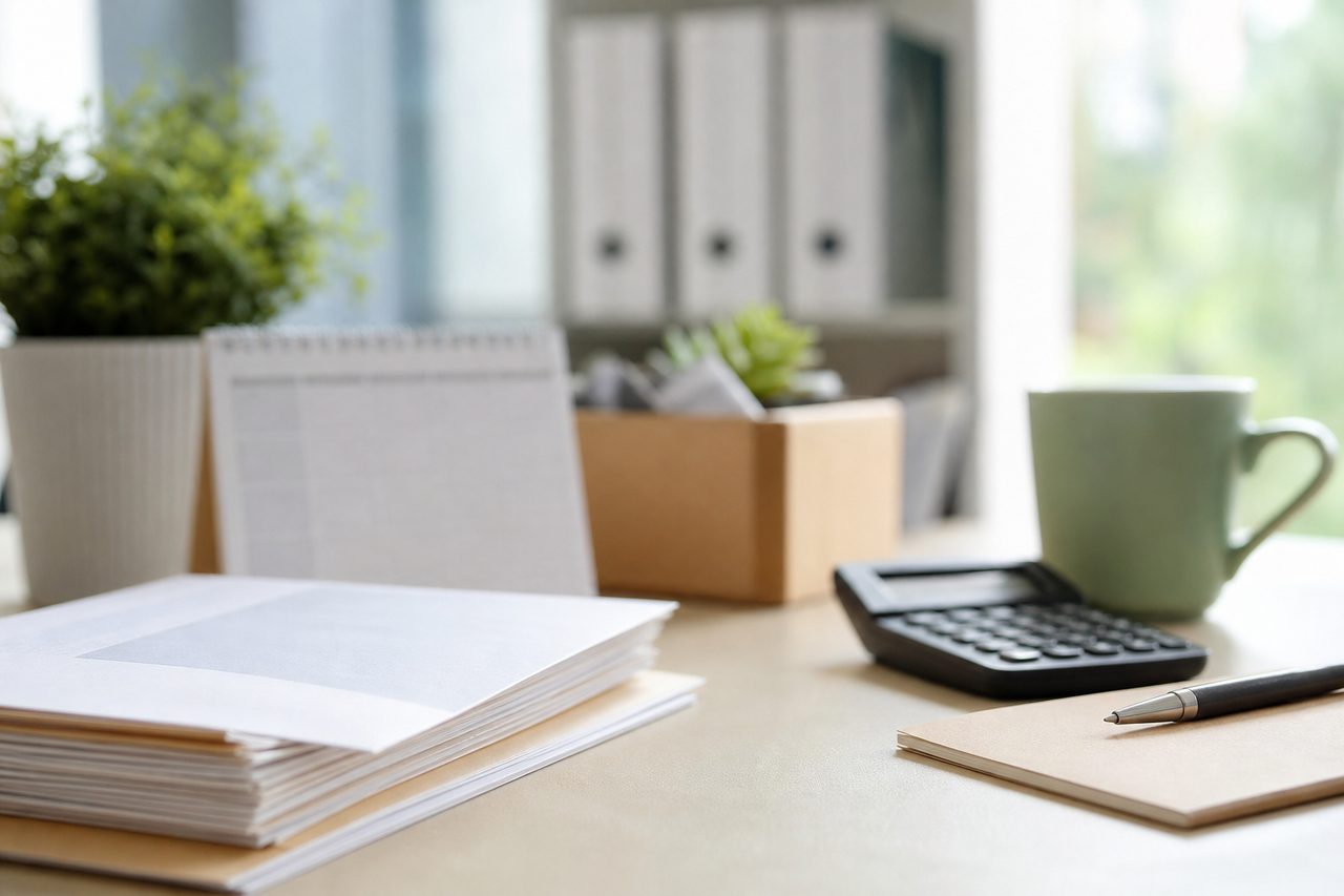 Bureau avec un calendrier, un bulletin de paie et une tasse de café, ambiance fin de contrat de travail