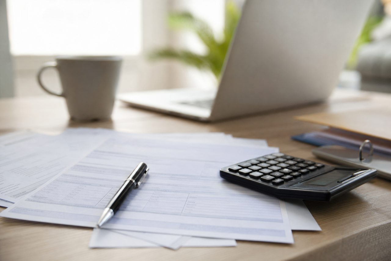 Avis d'imposition et calculatrice sur un bureau, ambiance administrative claire et rassurante