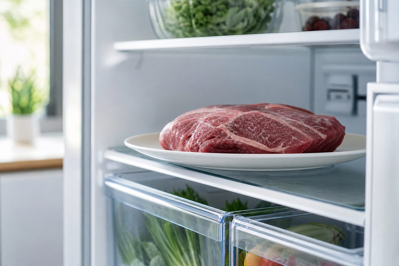 Morceau de viande crue posé sur une assiette au réfrigérateur, ambiance cuisine claire et propre