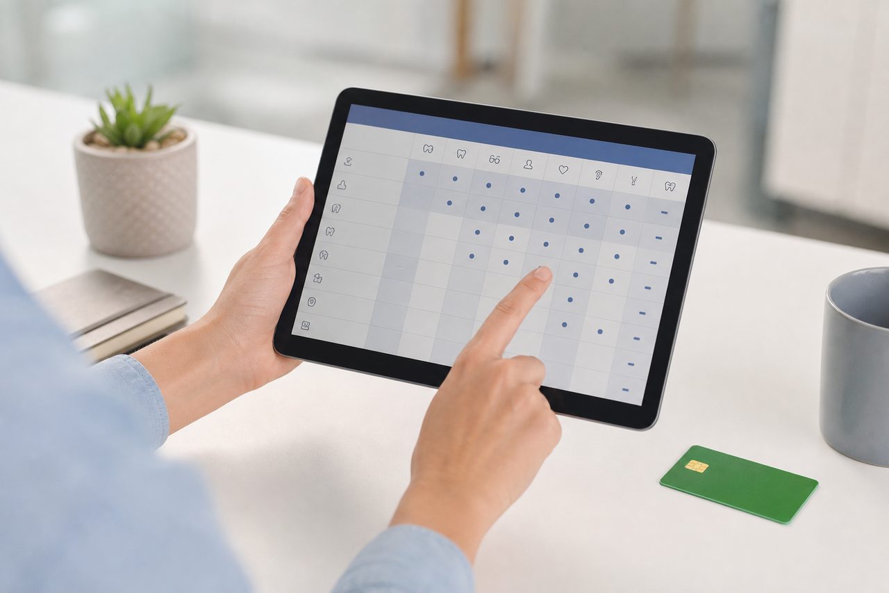 Personne consultant un tableau de garanties de mutuelle santé sur une tablette, à côté d'une carte vitale posée sur un bureau