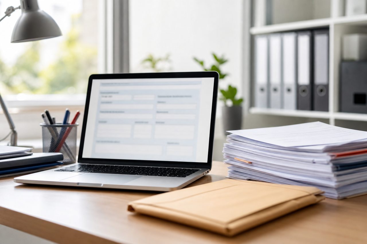 Bureau administratif avec ordinateur portable affichant un formulaire officiel, enveloppes et documents d'identité posés à côté, lumière naturelle