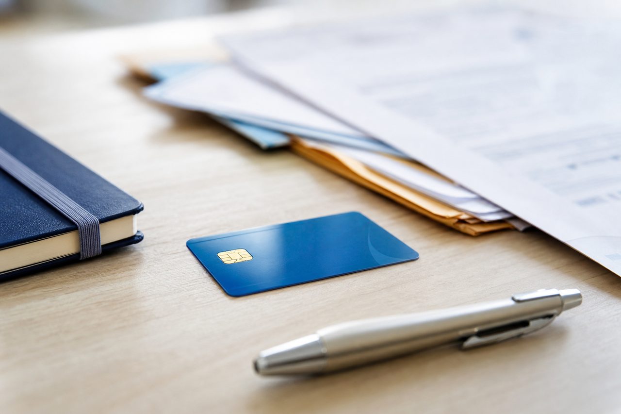 Carte Vitale bleue posée sur un bureau à côté d'une ordonnance et de documents administratifs
