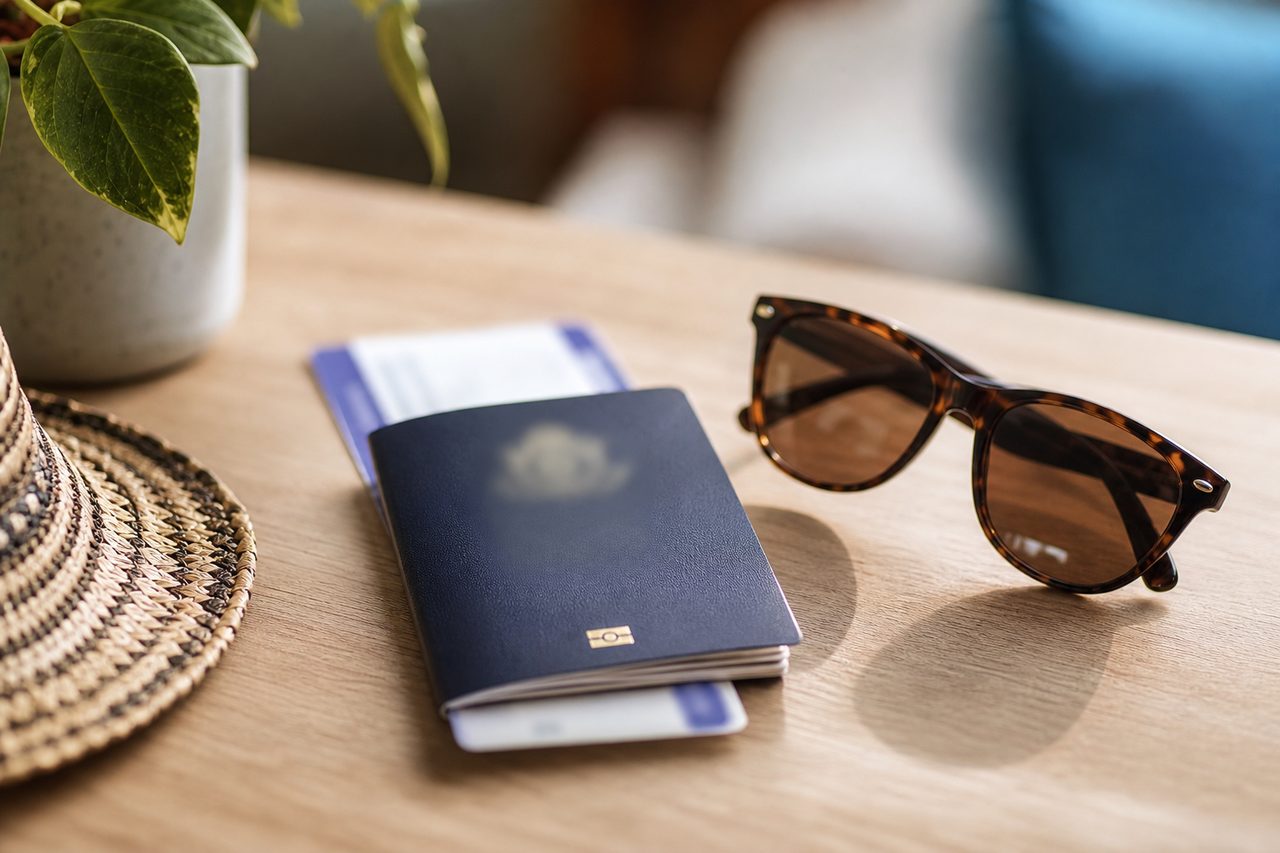 Passeport français fermé posé sur une table avec un billet d'avion et des lunettes de soleil