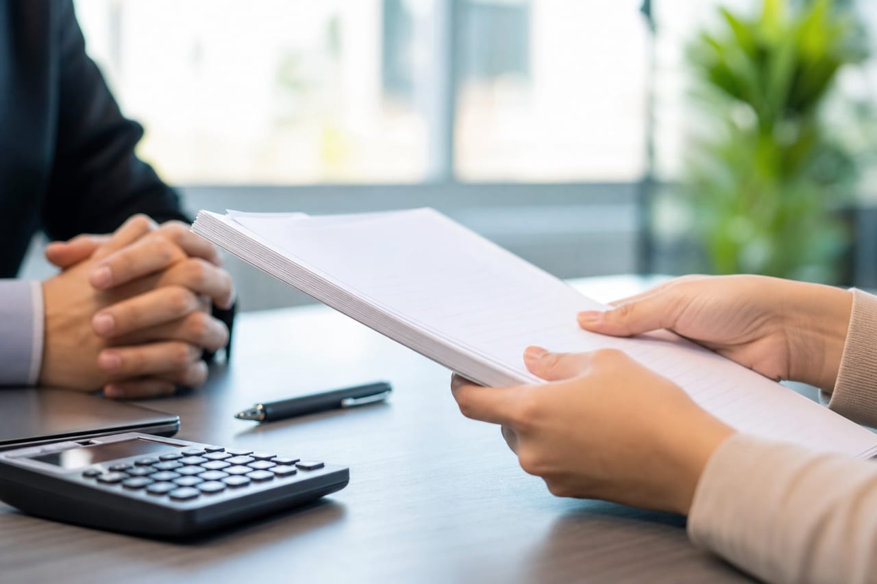 Couple assis à une table avec un conseiller bancaire, document d’offre de prêt immobilier posé devant eux, agence bancaire lumineuse, ambiance sérieuse et professionnelle