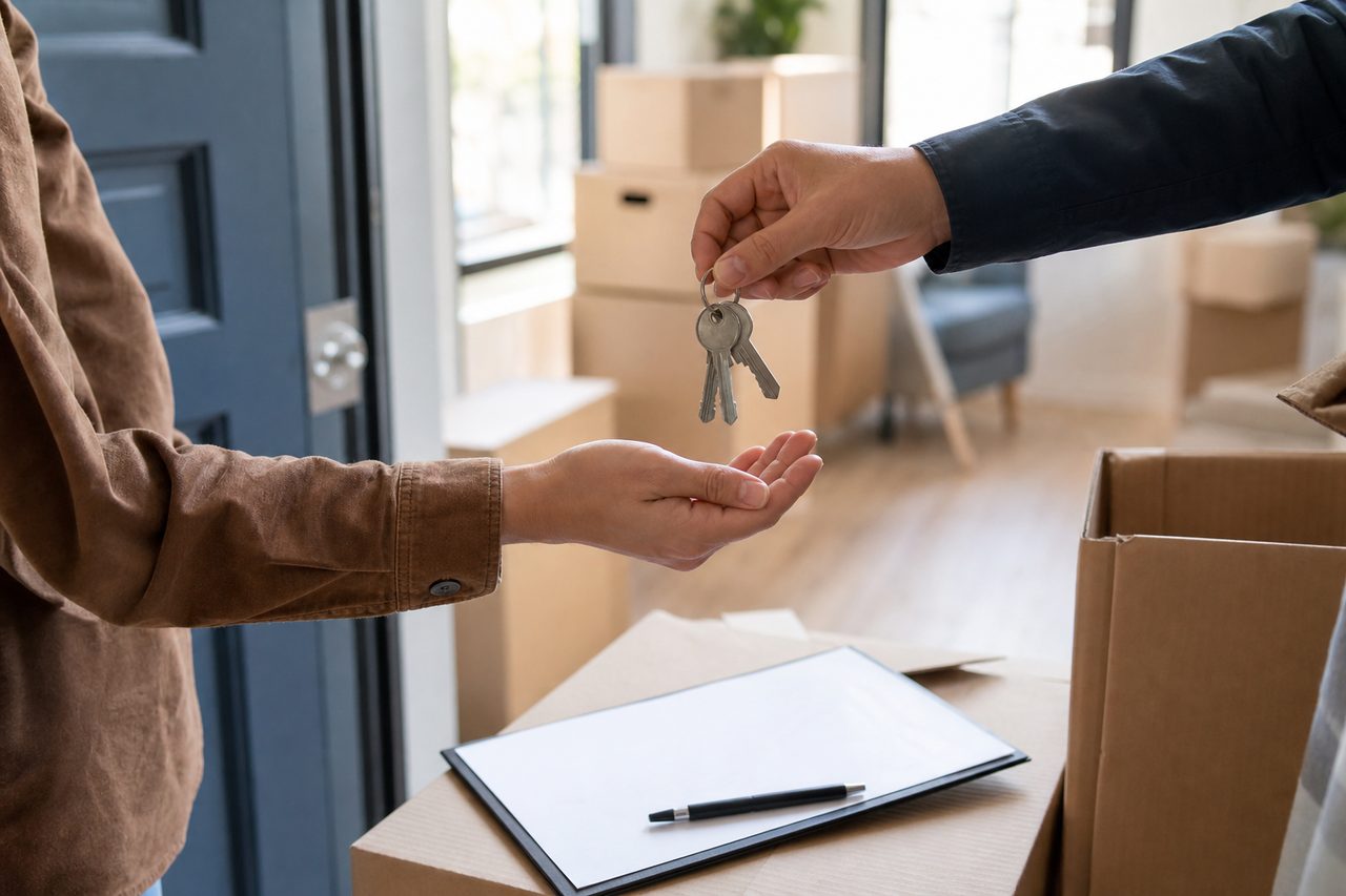 Remise des clés entre un locataire qui déménage et son propriétaire, cartons et état des lieux en arrière-plan