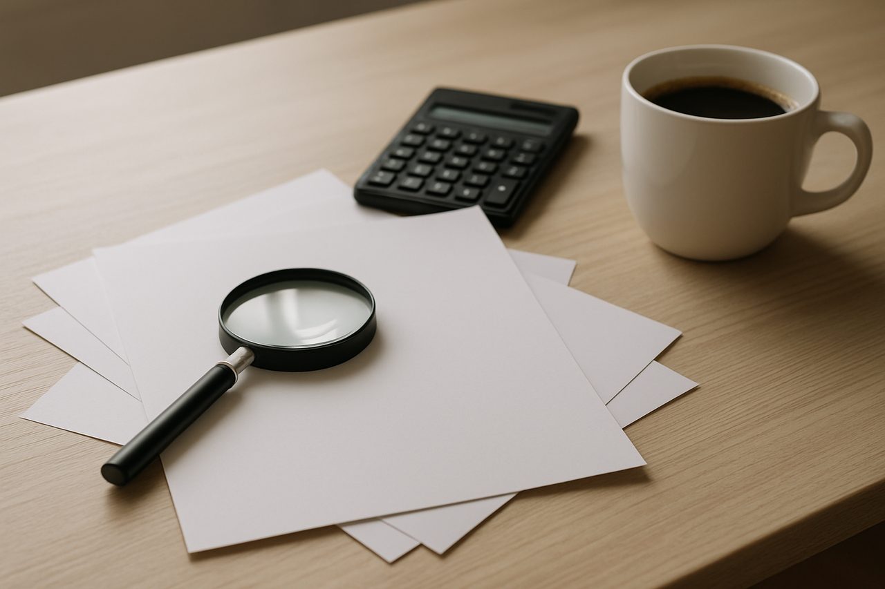 Plusieurs contrats d’assurance empilés sur un bureau avec une loupe et une calculatrice, pour repérer les garanties payées en double