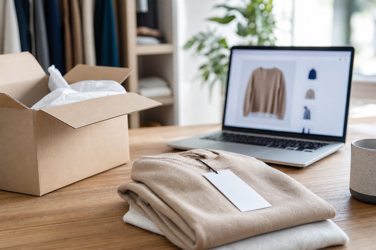 Carton de livraison ouvert avec un vêtement plié à côté d'un ordinateur portable affichant une page d'achat en ligne